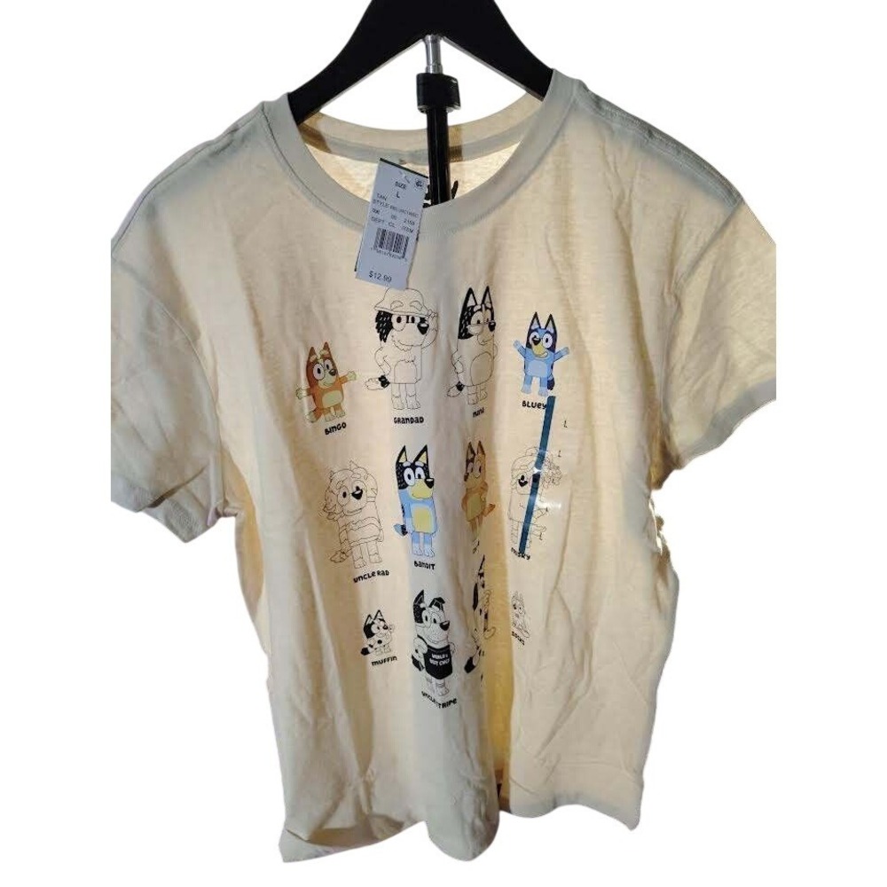 Bluey Character Graphic TShirt Kids Size Large Tan Short Sleeve Cotton Crew Neck - Picture 2 of 5